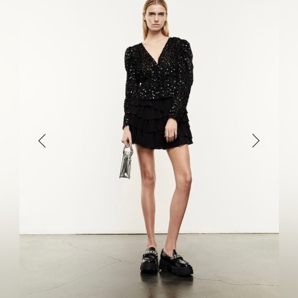 The Kooples flowing black top with silver dots and V-neck size 1
